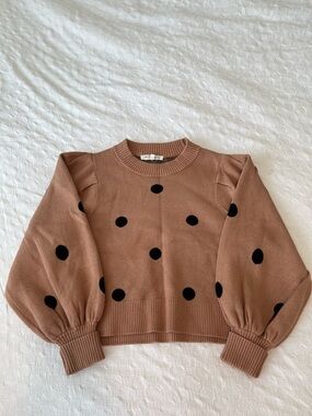 Polka Dot Puff Sleeve Sweater - Brown